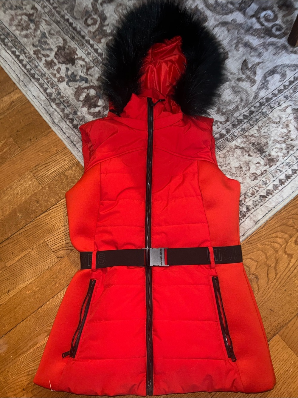 Women's Red Michael Kors Quilted Hooded Vest with Fur Trim